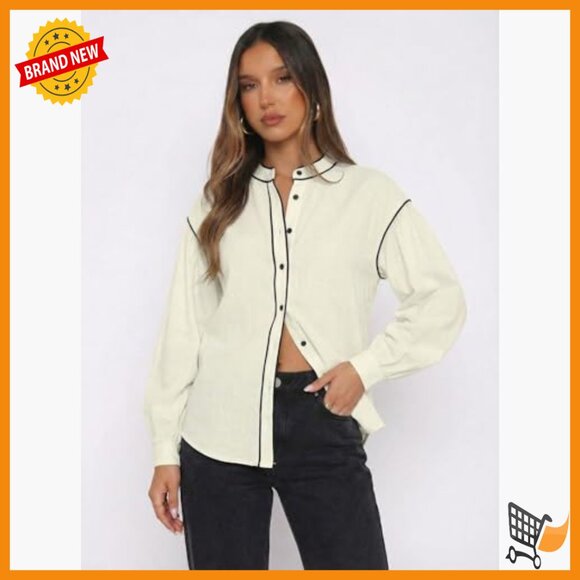 Cotton Blend Button Down Blouse Lantern Sleeves Regular Fit Office Casual - Picture 6 of 7